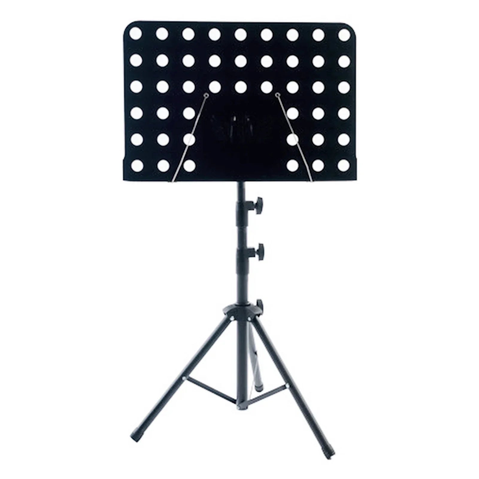 Black metal music stand with perforated board and adjustable tripod base for guitar violin ukulele and piano desk stand use