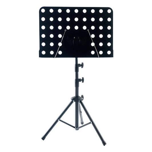 Black metal music stand with perforated board and adjustable tripod base for guitar violin ukulele and piano desk stand use
