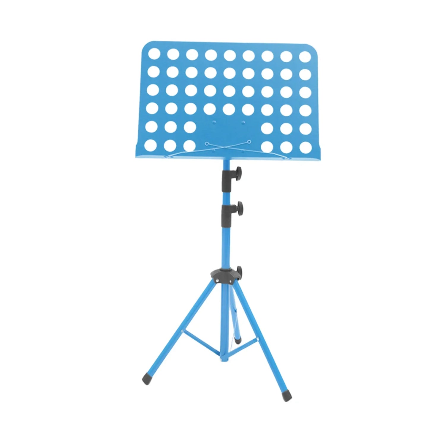 Blue metal music stand with perforated top and adjustable tripod legs for guitar violin ukulele and piano desk use