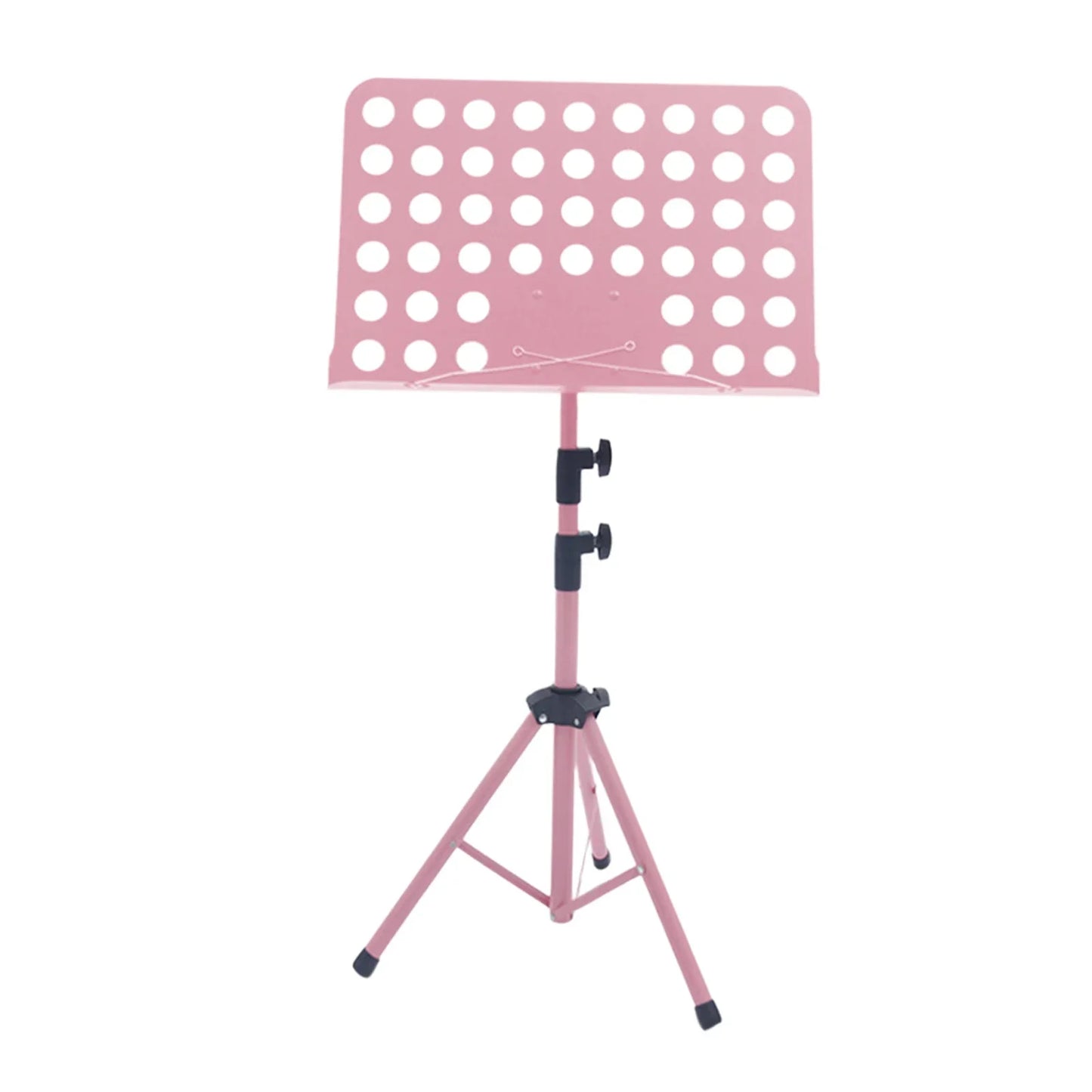 Pink metal music stand with perforated top and adjustable tripod legs for guitar violin ukulele and piano desk stand