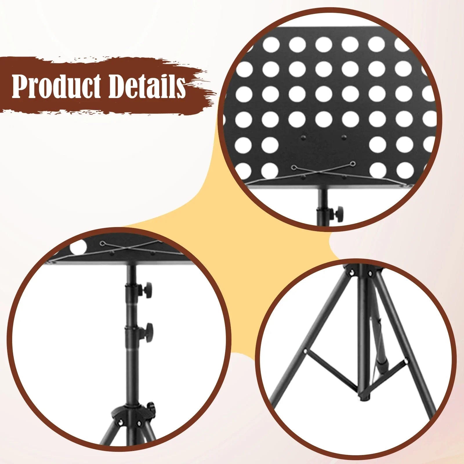 Black metal music stand with perforated top and adjustable tripod legs for guitar violin ukulele and piano desk stand use
