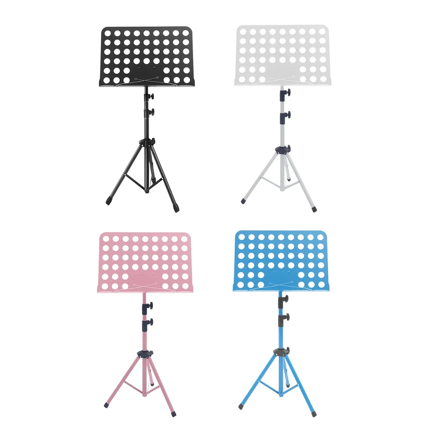 Adjustable metal music stand with perforated top plate in black white pink and blue for guitar violin ukulele and piano desk stand