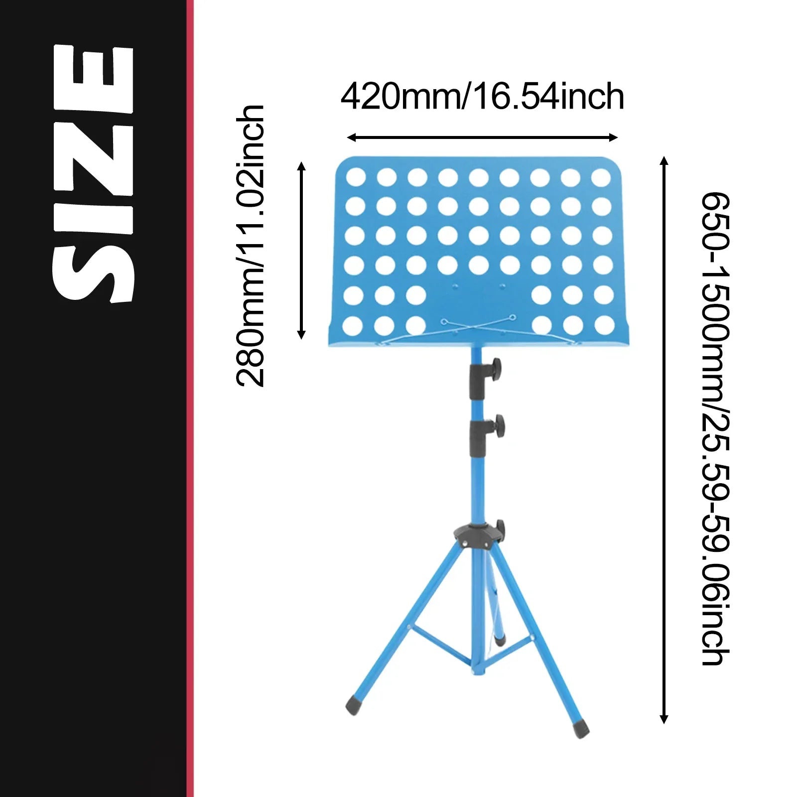 Blue metal music stand with circular cutouts and adjustable height legs for guitar violin ukulele and piano desk stand use