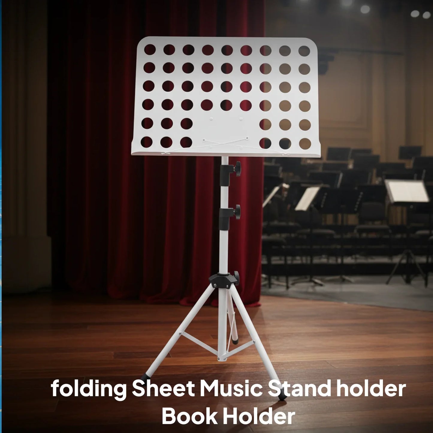 White metal music stand with perforated top panel and adjustable tripod legs for guitar violin ukulele and piano desk stand