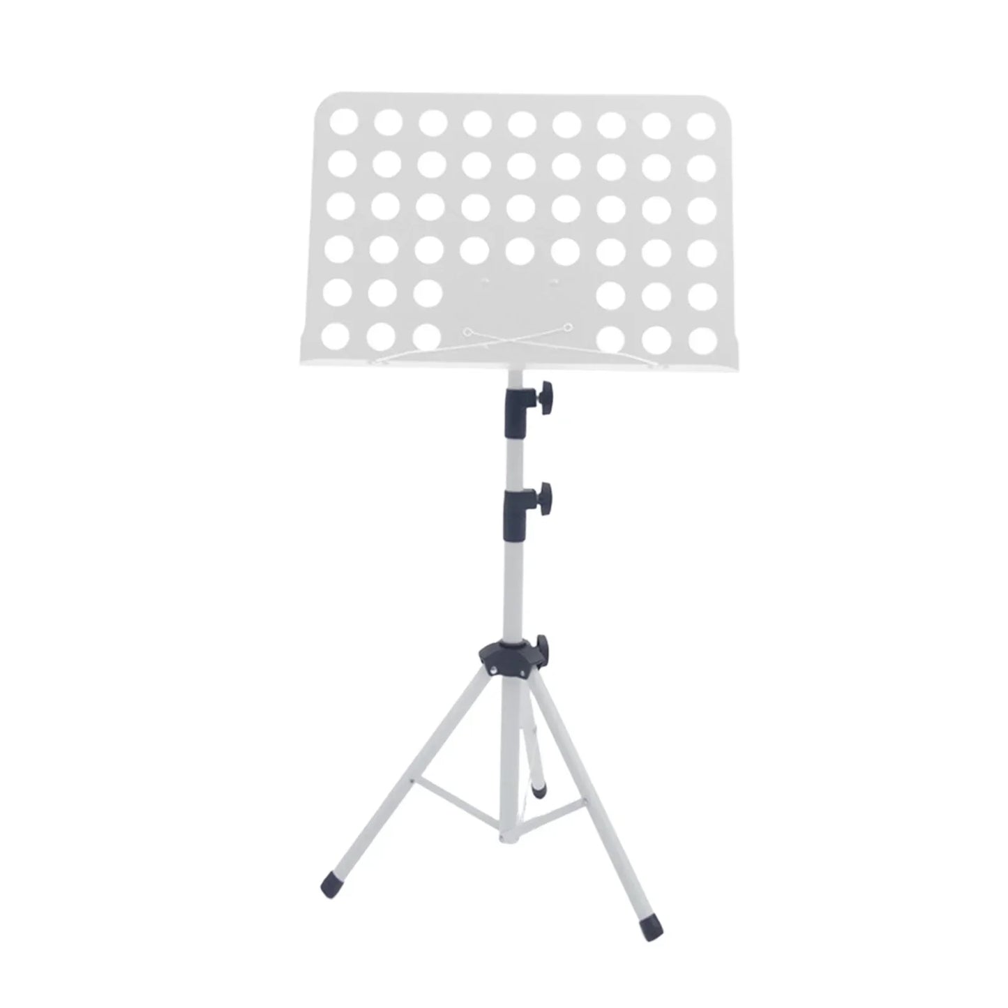 White metal music stand with perforated sheet holder and adjustable tripod base for guitar violin ukulele piano desk stand