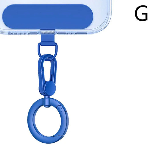 Blue metal phone lanyard with circular ring and buckle hanging rotatable steel clip card for mobile accessories