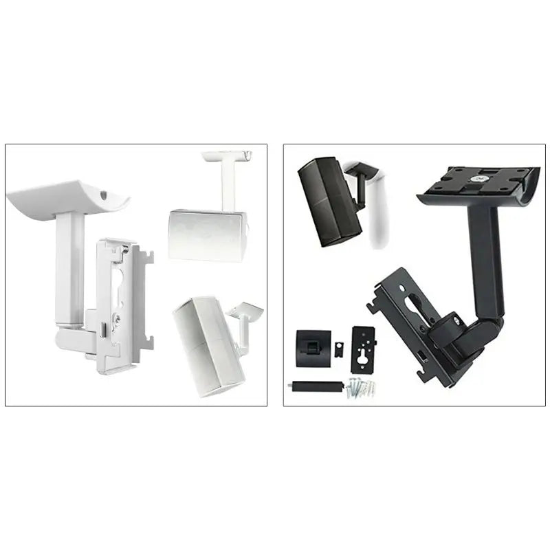 Metal speaker stand holder in white and black with adjustable arms and hardware for ceiling mount bracket installation