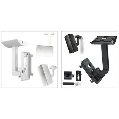 Metal speaker stand holder in white and black with adjustable arms and hardware for ceiling mount bracket installation