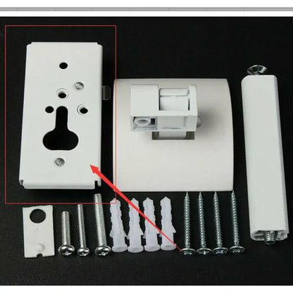 White plastic wall-mounted bracket with keyhole cutout and hardware for metal speaker stand ceiling mount bracket