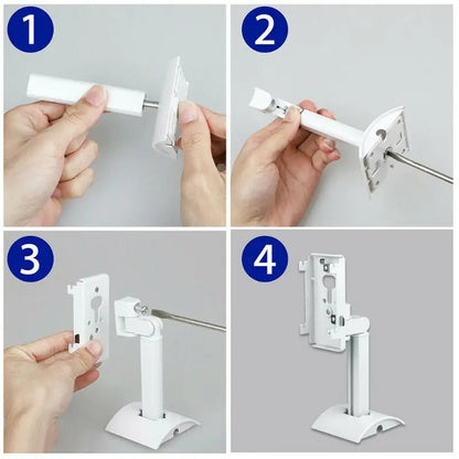 White plastic wall-mounted metal speaker stand with adjustable arm and base for surround sound speaker ceiling mount bracket
