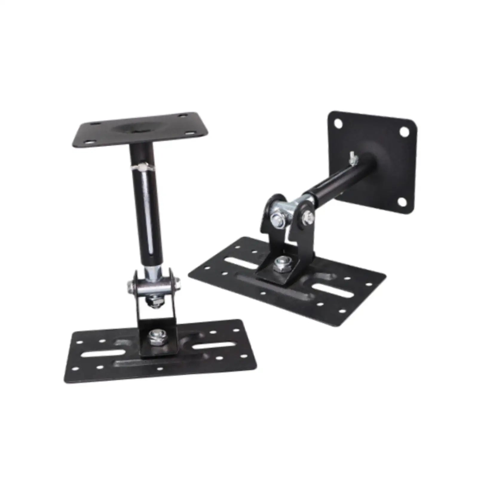 Black metal speaker wall mounted stand with adjustable arm and plate brackets for home office use
