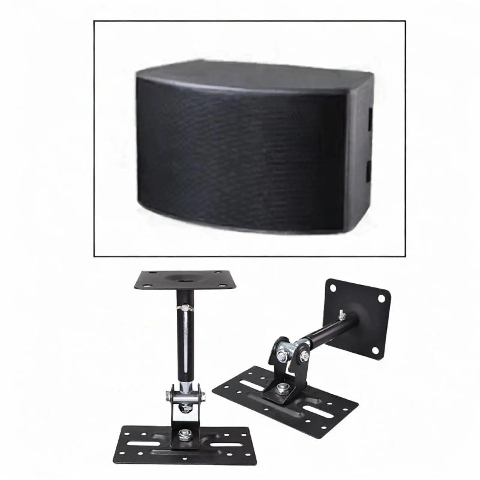 Black rectangular metal speaker with curved front and textured surface on adjustable metal speaker wall mounted holder