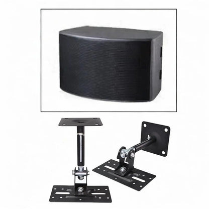 Black rectangular metal speaker with curved front and textured surface on adjustable metal speaker wall mounted holder