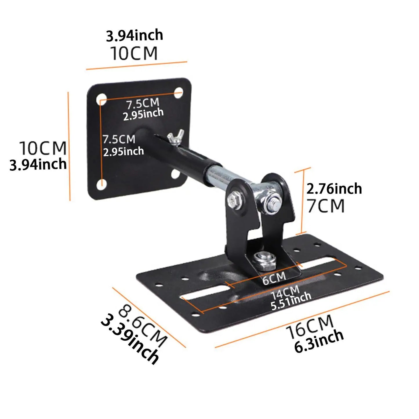 Black metal speaker wall mounted bracket with adjustable arm and mounting plates for home and office use