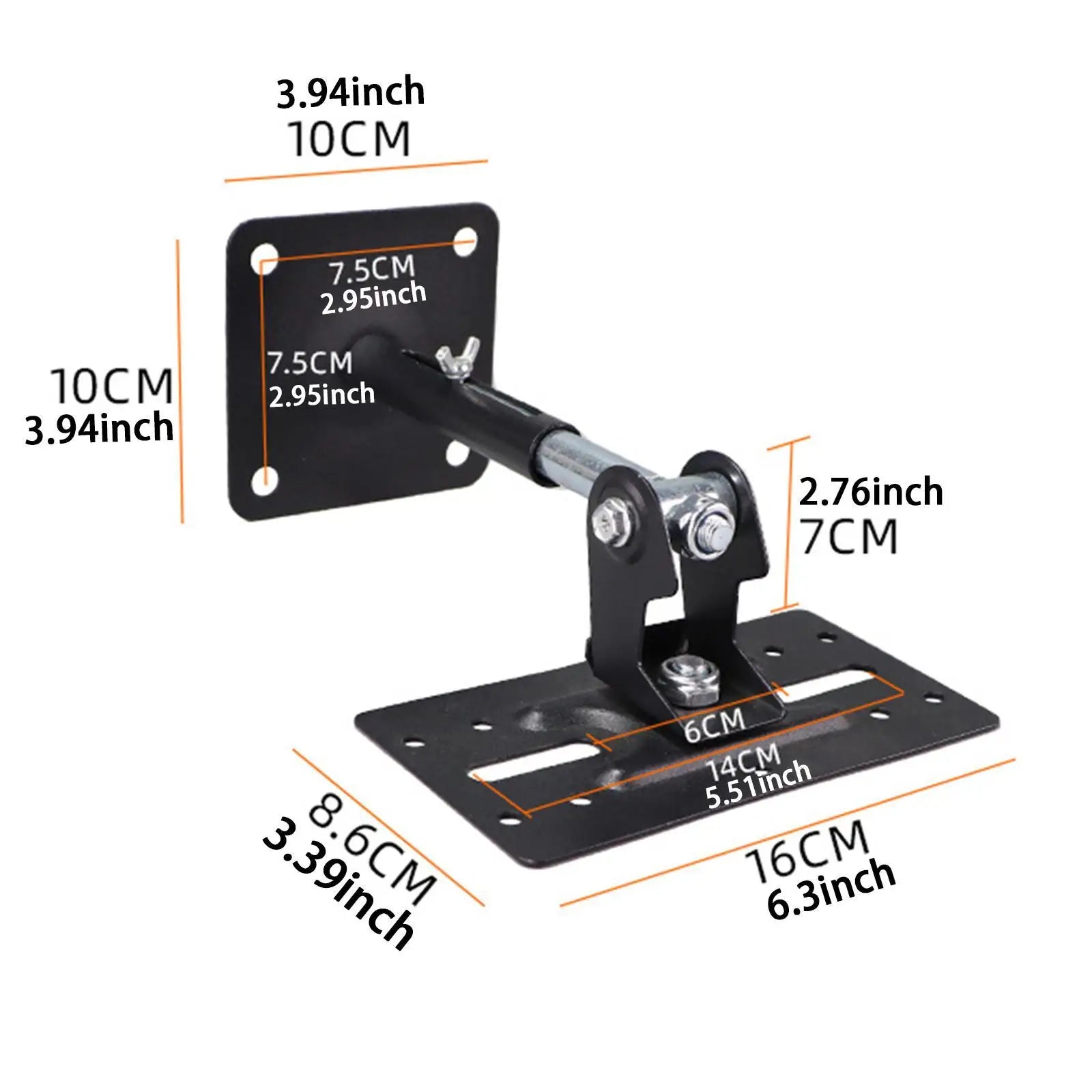 Black metal speaker wall mounted bracket with adjustable arm and mounting plates for home and office use