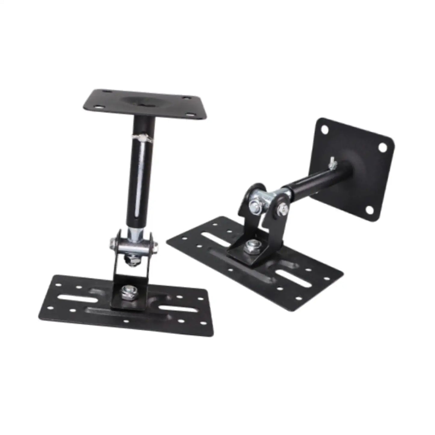Black metal speaker wall mounted tv stand with adjustable arm and multiple mounting plates for home or office use