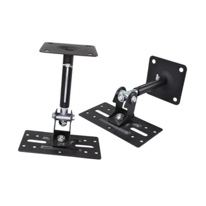Black metal speaker wall mounted tv stand with adjustable arm and multiple mounting plates for home or office use