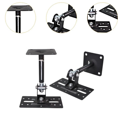 Black metal speaker wall mounted stand with adjustable mount holder and foldable arm for bedroom or office use