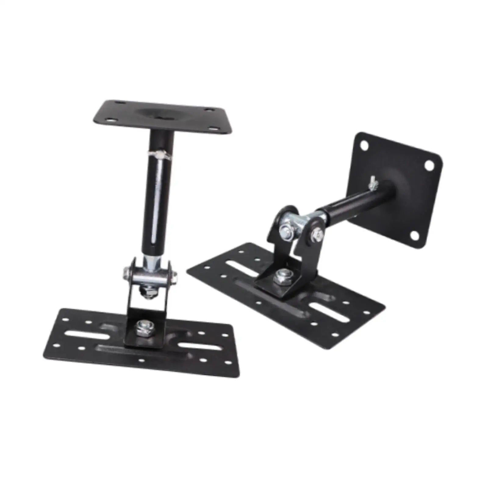 Black metal speaker wall mounted foldable bracket pair with adjustable arm and multiple mounting plates for versatile use