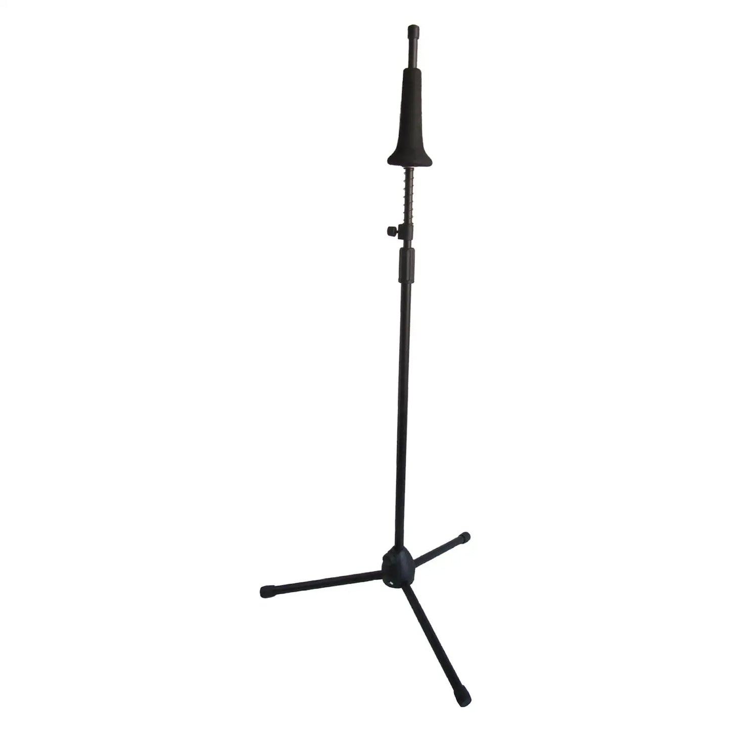 Black metal foldable compact tripod trombone stand with adjustable height and padded mouthpiece holder for industry standard trombone