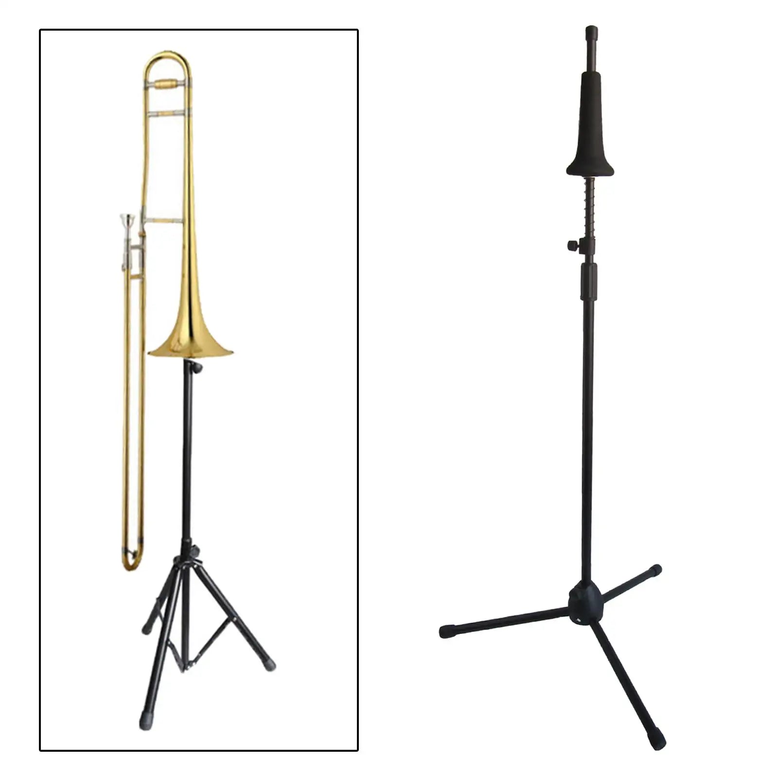 Gold trombone resting on a black metal trombone stand height adjustable foldable compact tripod for industry standard trombone