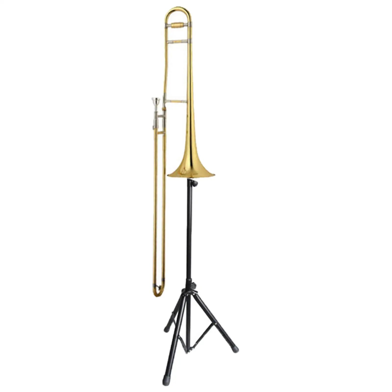 Golden brass trombone on a foldable compact tripod black metal trombone stand height adjustable for industry standard trombone