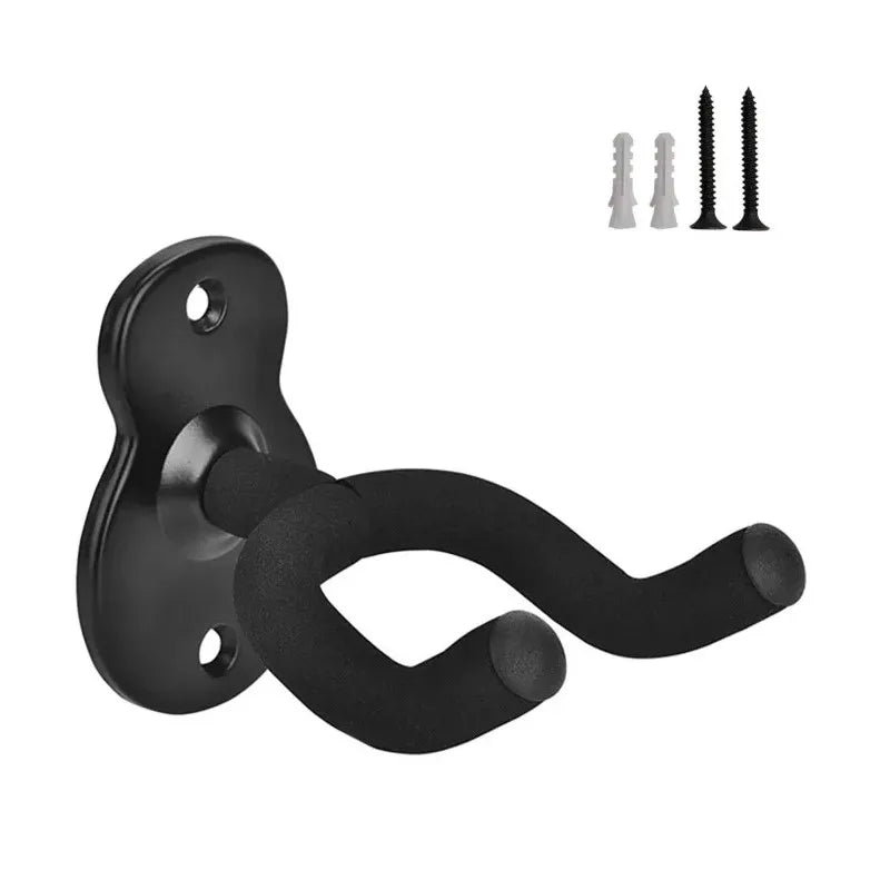 Black metal wall mount guitar hanger with curved padded design for secure storage of acoustic electric guitars and bass