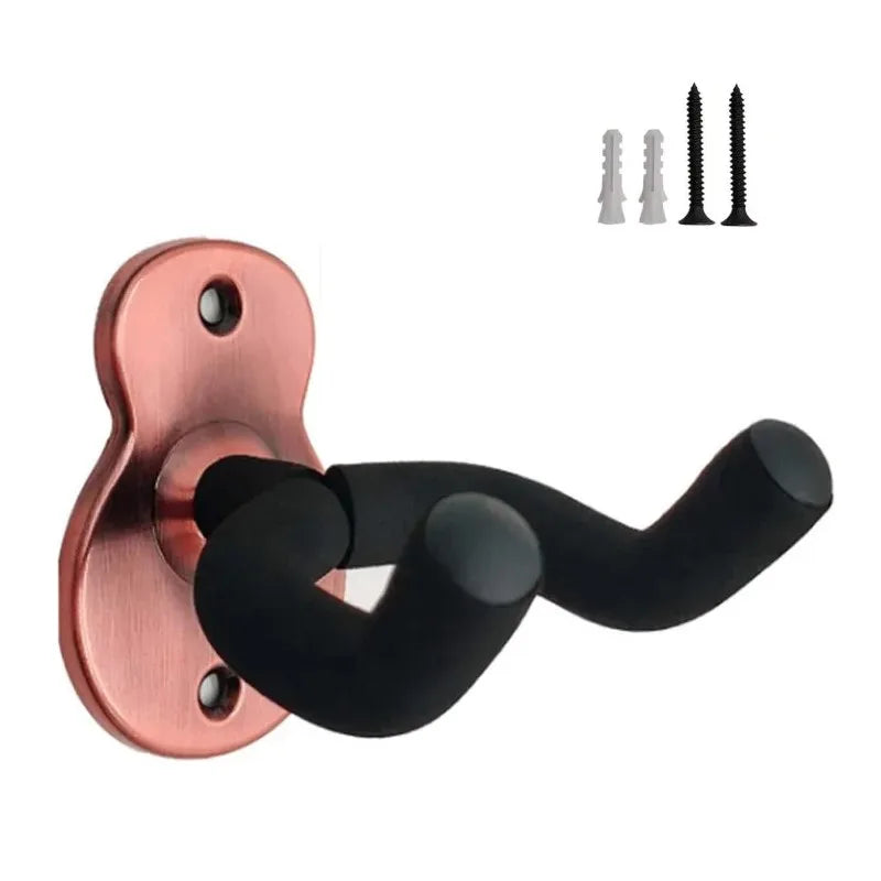 Rose gold metal wall mount guitar hanger with black rubberized hook for acoustic electric guitars and bass storage