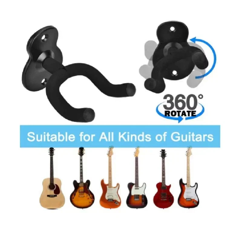 Black metal wall mount guitar hanger with 360-degree rotation for acoustic electric guitars and bass storage