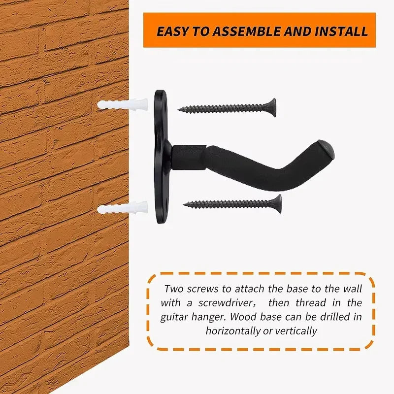 Black plastic and wood guitar hanger with metal wall mount and two screws for acoustic electric guitars storage