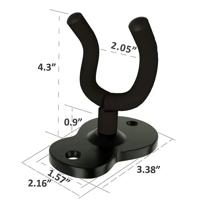 Black metal wall mount guitar hanger with curved hooks and flat base for acoustic electric guitars bass ukulele storage