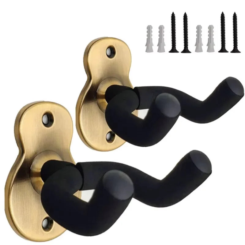 Gold-colored metal wall mount guitar hanger with black rubberized grips for acoustic electric guitars storage