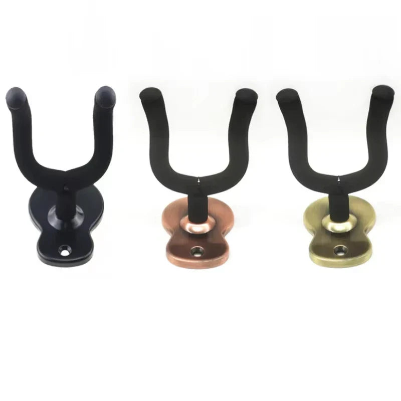 Three metal wall mount guitar hanger stands in black copper and brass with u-shaped design for acoustic electric guitars