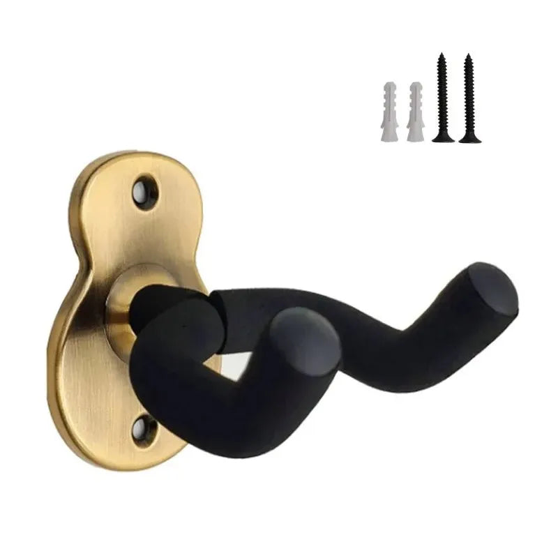 Gold-toned metal wall mount guitar hanger with black rubberized arms for secure support of acoustic electric guitars