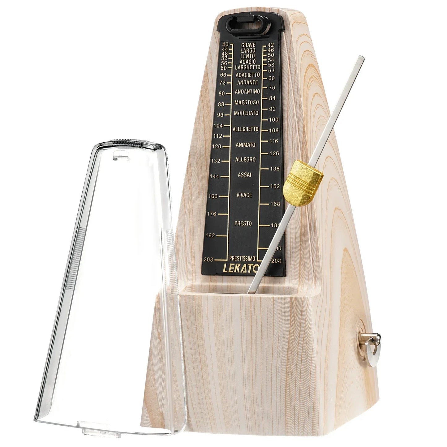 Light-colored ash wood mechanical metronome with black panel by LEKATO to track beat tempo accurately for beginners