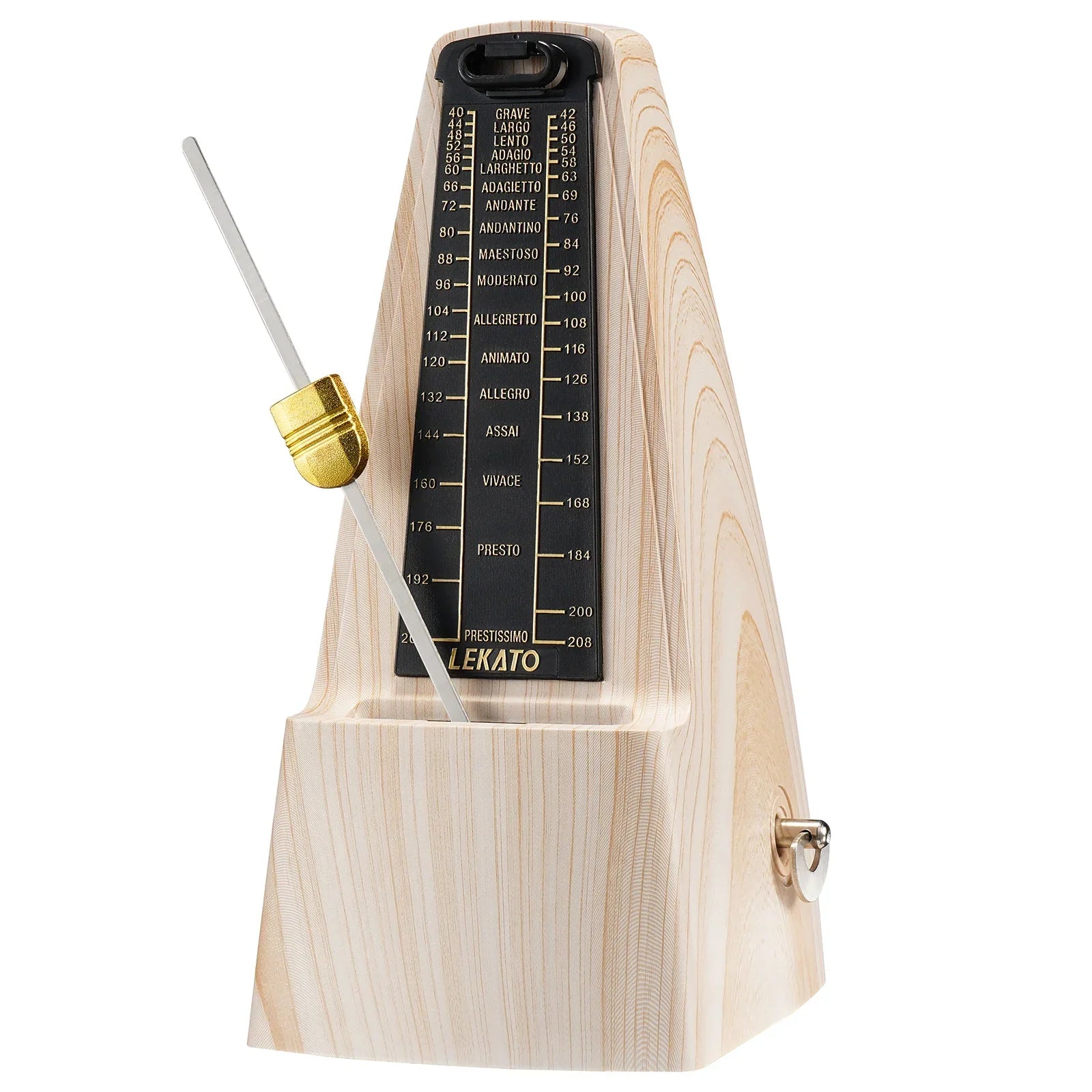 Light-colored ash wood mechanical metronome with black face by lekato accurate to track beat tempo for beginners