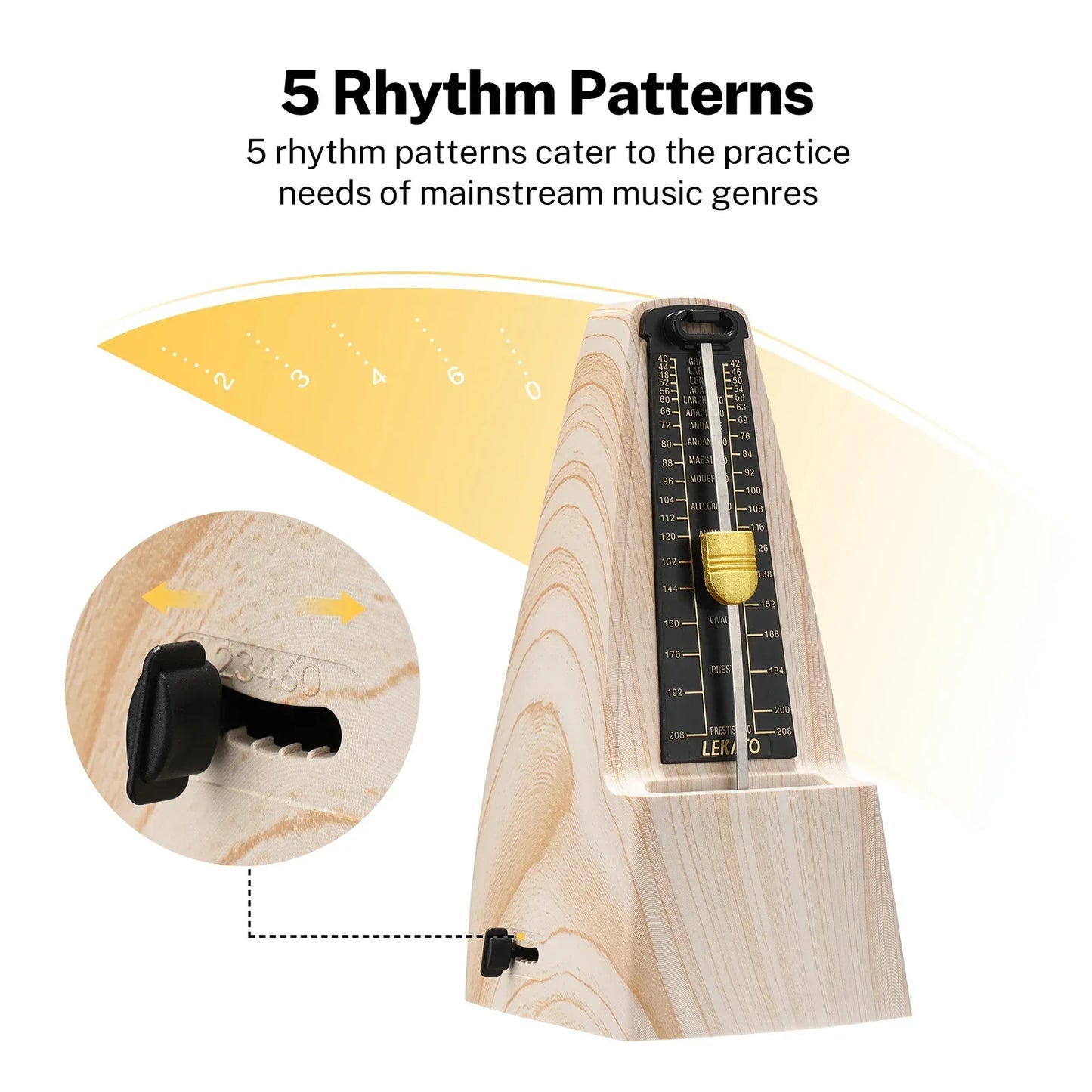 Light-colored ash wood mechanical metronome with black and gold pendulum to accurately track beat tempo for beginners