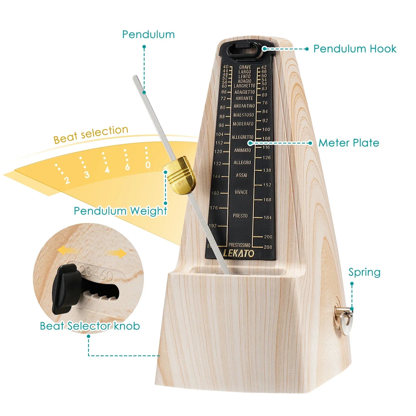 Light-colored wooden mechanical metronome with black meter plate and gold pendulum weight for beginner ash wood track beat tempo