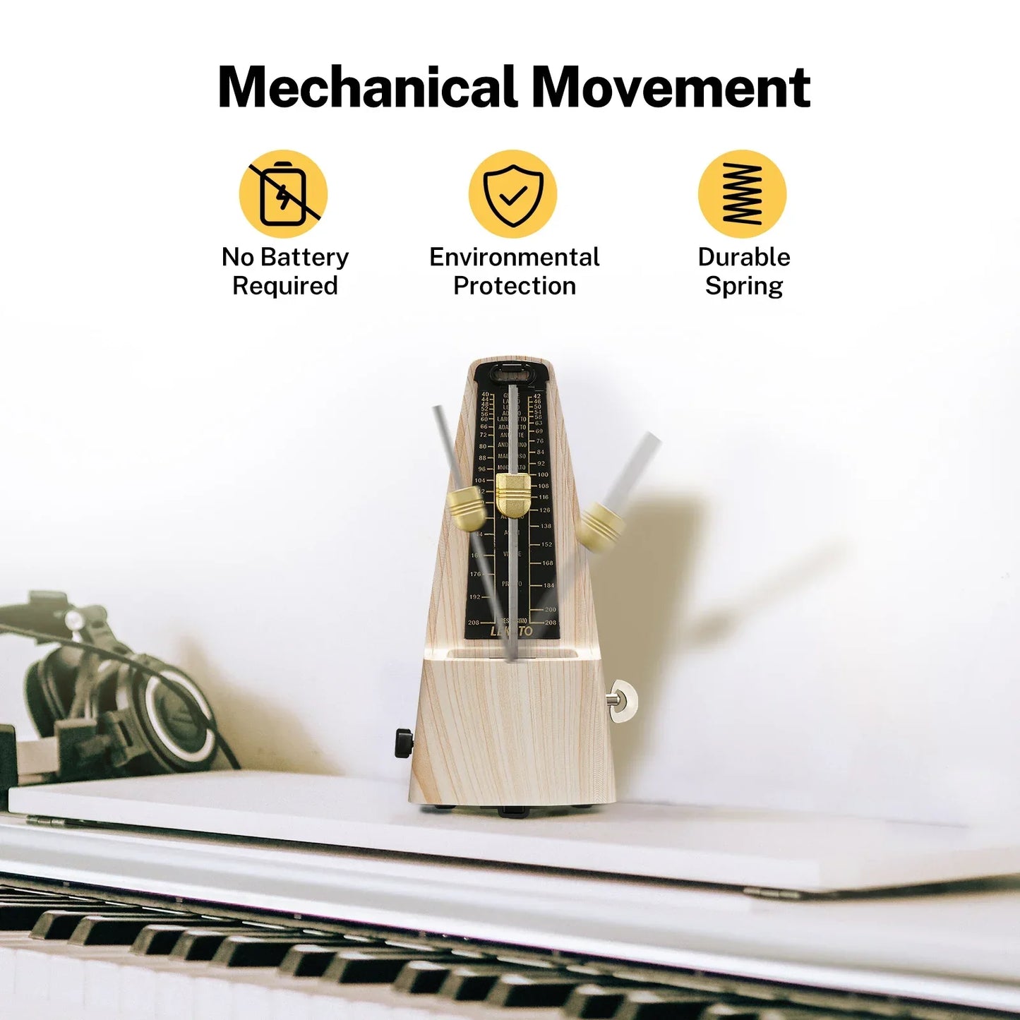 A mechanical metronome accurate for beginners made of ash wood grain with a black and gold face and brass knobs to track beat tempo