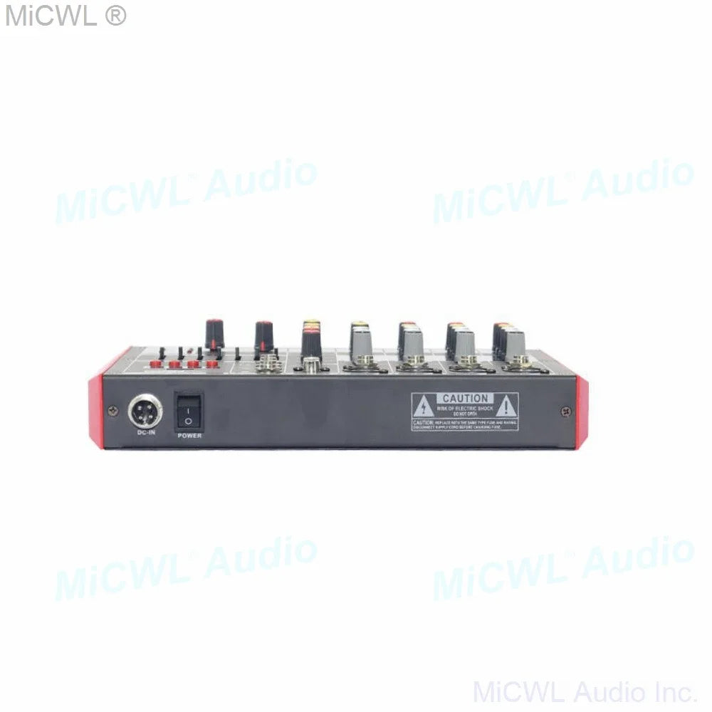 Black and red mg6 audio mixer with six microphone input channel knobs and +22dbu balanced for studio live mixng