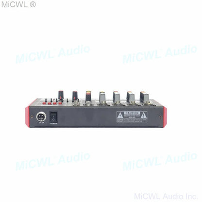 Black and red mg6 audio mixer with six microphone input channel knobs and +22dbu balanced for studio live mixng