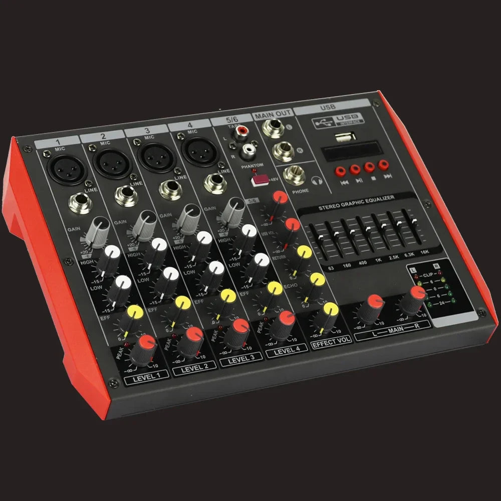 Red and black usb audio stage console mixer with six microphone input channels and +22dbu balanced studio live mixng eq