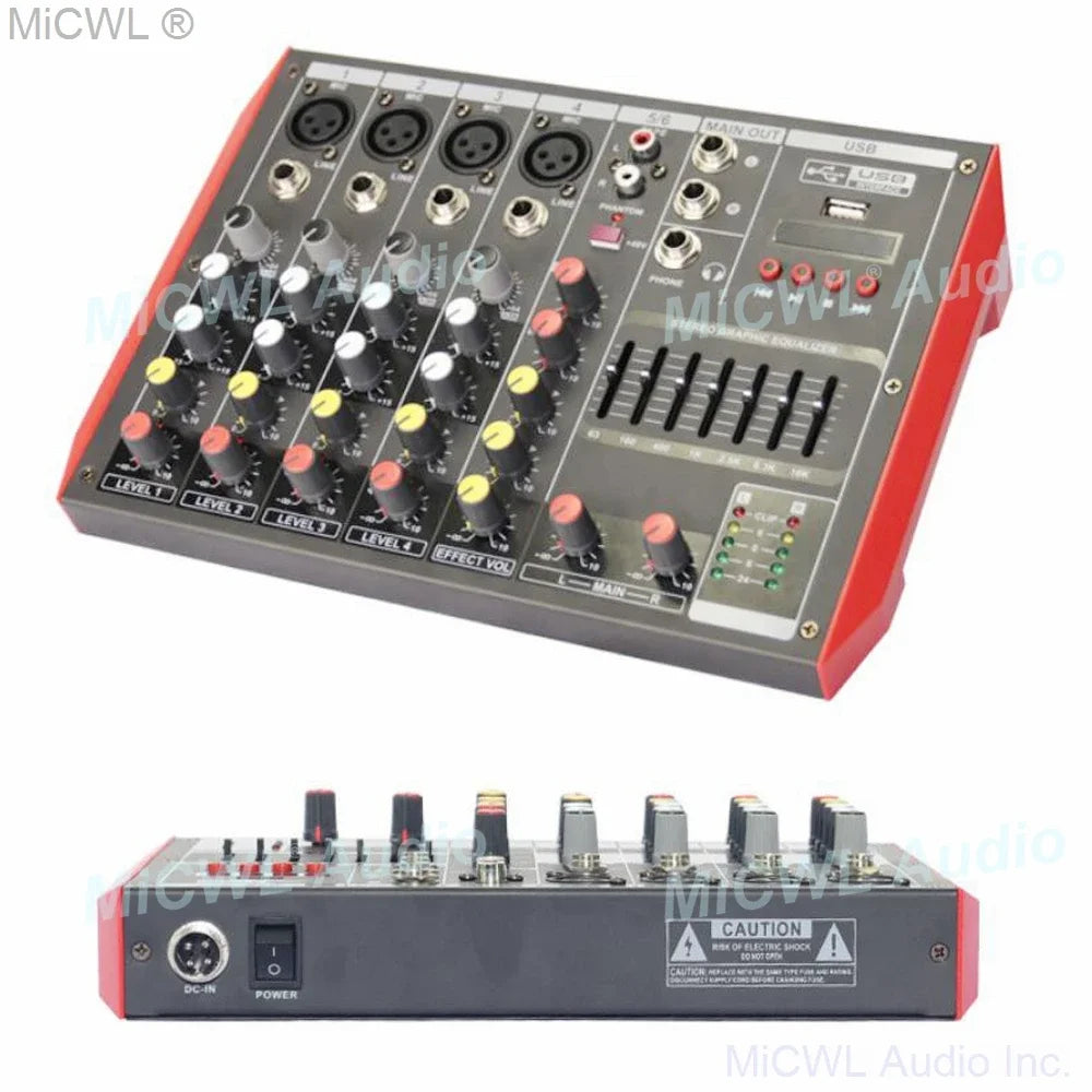 Red and black mg6 audio mixer with six microphone input channel, colored volume knobs, usb port, and studio live mixng features
