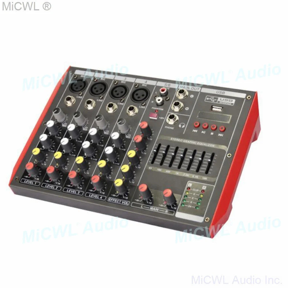 Red and black mg6 console mixer with 6 microphone input channel, colored volume knobs, usb port, and +22dbu balanced studio live mixng