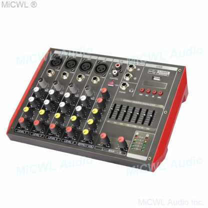 Red and black mg6 console mixer with 6 microphone input channel, colored volume knobs, usb port, and +22dbu balanced studio live mixng