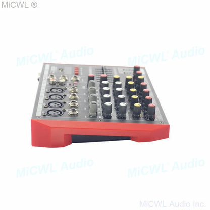 Red and black mg6 audio mixer with multiple colored knobs and xlr inputs for studio live mixng and microphone input channel