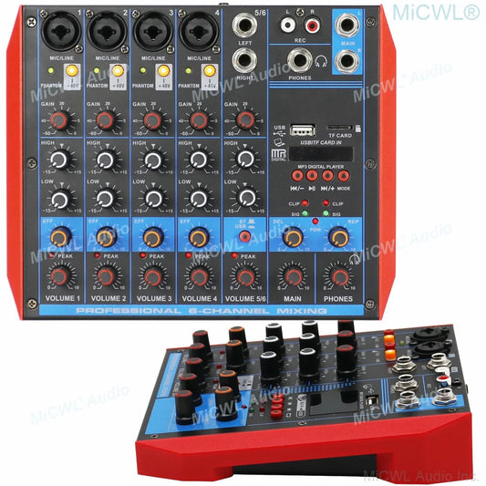 Red and black mg6 bluetooth 6-channel audio mixing console with 48v phantom power switch and usb tf card slots for live recording
