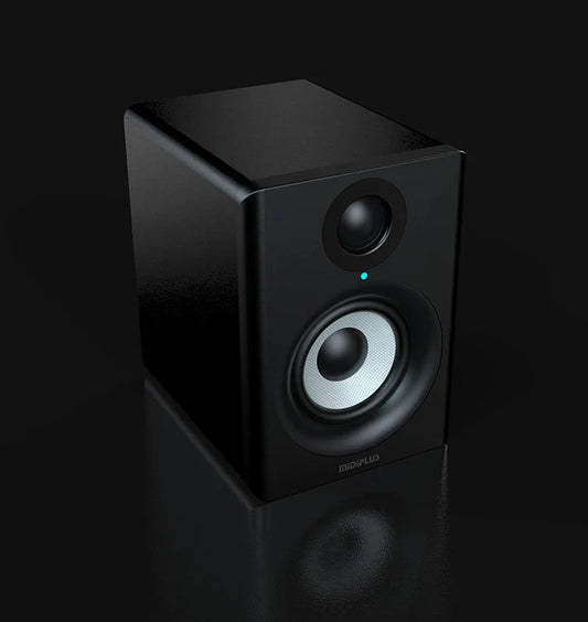 Black mudiplus studio active monitor speaker with glossy finish and two drivers for recording music active use