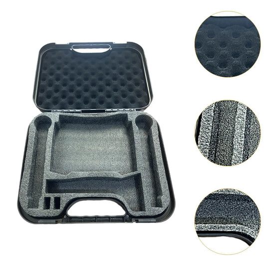 Black plastic mic gear storage box large capacity with molded foam interior and textured grip surfaces for microphone storage