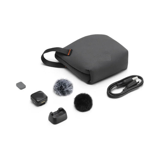 Black textured carrying case with black strap and orange branding tag for mic mini small ultralight discreet stable transmission original brand